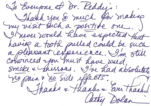 Scanned image: hand-written patient testimonial for a tooth extraction
